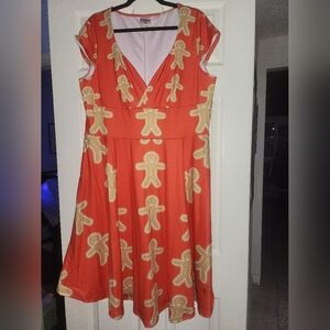 Plus Size Gingerbread Print Skater A-Line Midi Dress - Orangy Red